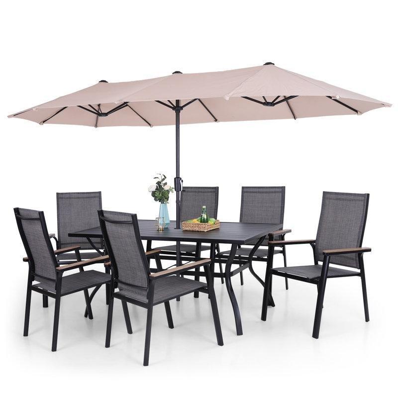Siyah Metal Şemsiyeli 6 Kişilik İstiflenebilir Bahçe Masa Takımı - 153 cm - 216196