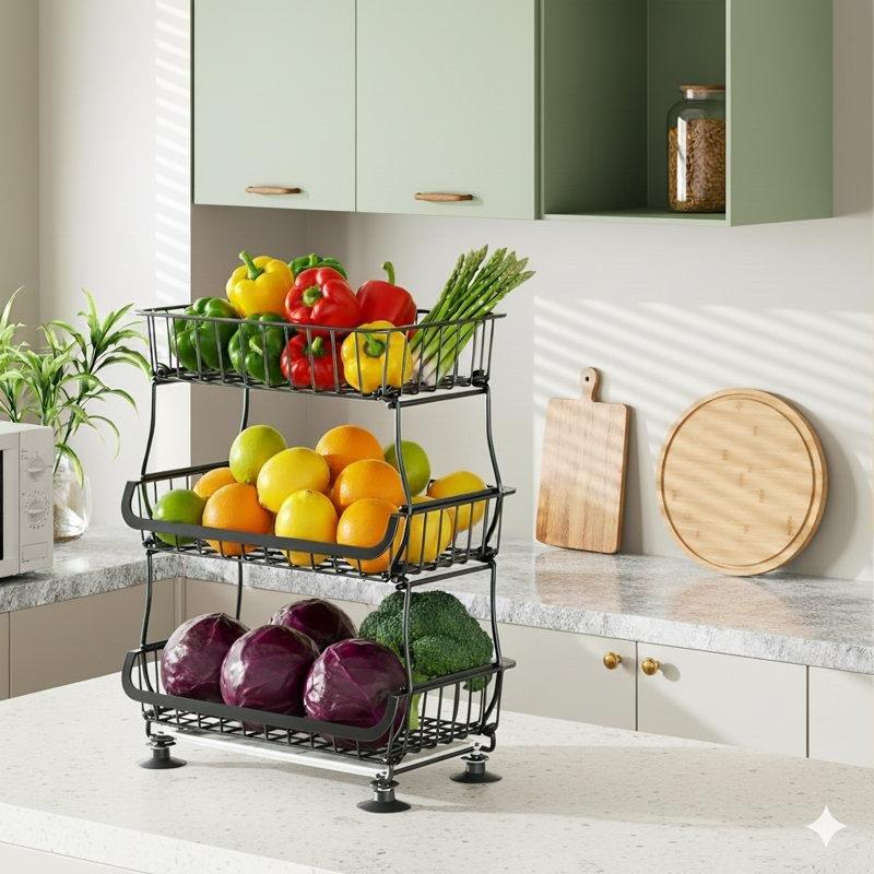 Siyah Metal Tekerlekli 3 Katlı Çok Amaçlı Sebzelik - 41x31x60 cm - 177805