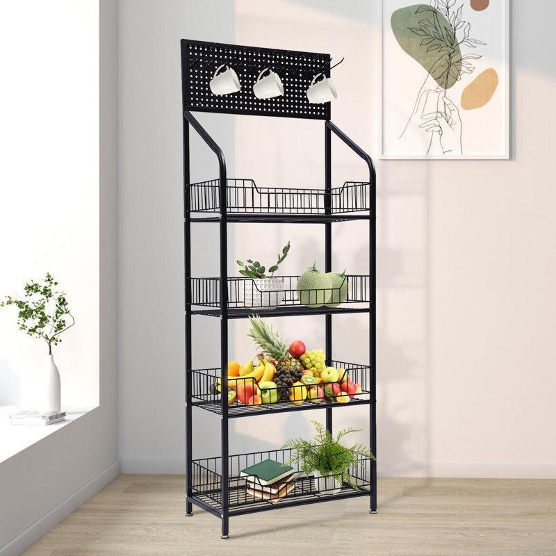 Siyah Metal Tekerlekli 4 Katlı 5 Askılı Sebzelik - 140x50x27 cm - 177628