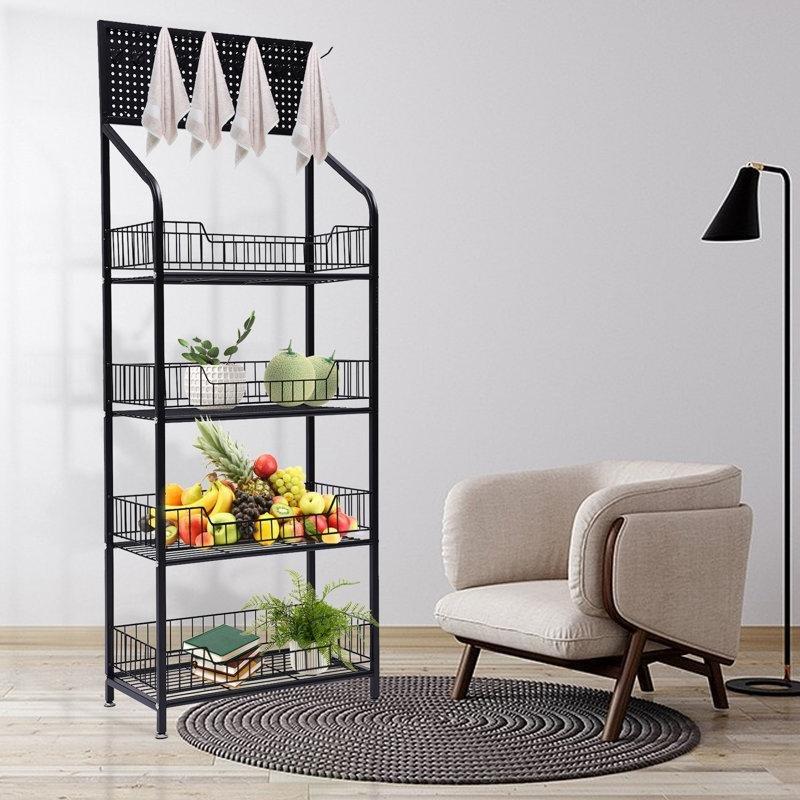Siyah Metal Tekerlekli 4 Katlı 5 Askılı Sebzelik - 140x50x27 cm - 177628