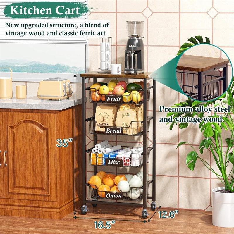 Siyah Metal Tekerlekli 4 Katlı Ahşap Tezgahlı Sebzelik - 89x42x32 cm - 177896