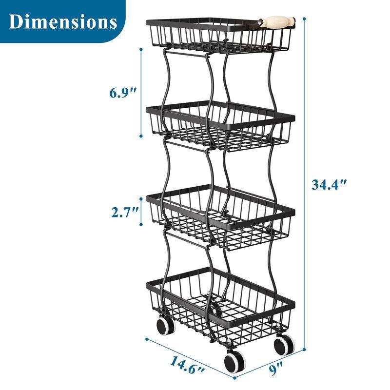 Siyah Metal Tekerlekli 4 Katlı İstiflenebilir Sebzelik - 88x38x23 cm - 177757