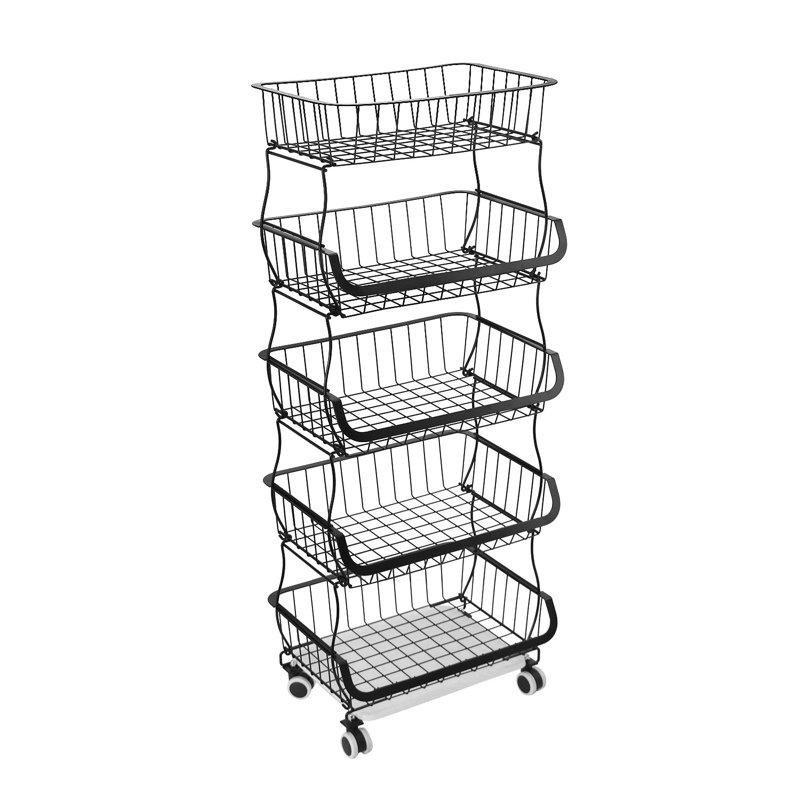 Siyah Metal Tekerlekli 6 Katlı Çıkarılabilir Sepetli Sebzelik - 137x41 cm - 177787