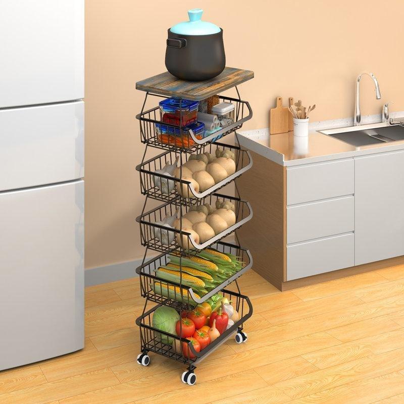 Siyah Metal Tekerlekli 6 Katlı Çok Amaçlı Sebzelik Modelleri - 116x41x30 cm - 177672