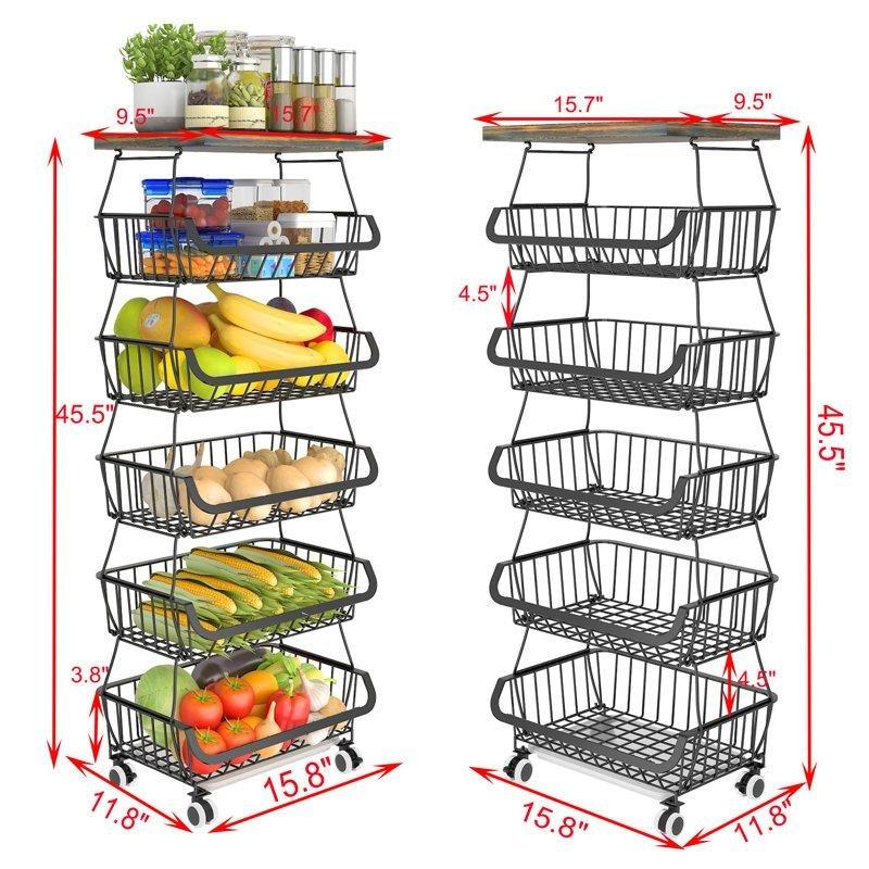 Siyah Metal Tekerlekli 6 Katlı Çok Amaçlı Sebzelik Modelleri - 116x41x30 cm - 177672