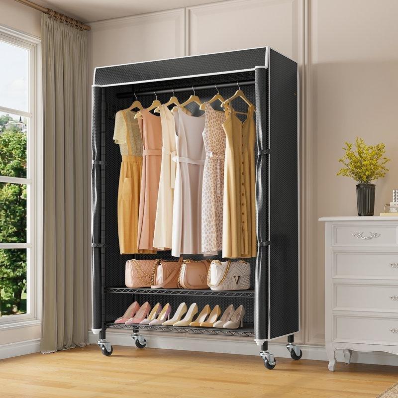 Siyah Metal Tekerlekli Fermuarlı Raflı Bez Dolap - 93 cm - 182931