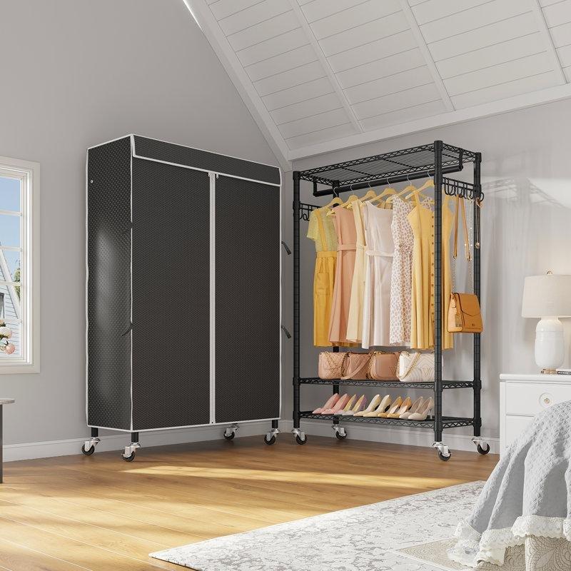 Siyah Metal Tekerlekli Fermuarlı Raflı Bez Dolap - 93 cm - 182931