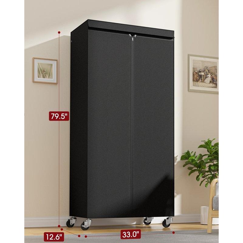 Siyah Metal Tekerlekli Raflı Kancalı Bez Dolap - 85x33x203 cm - 182920