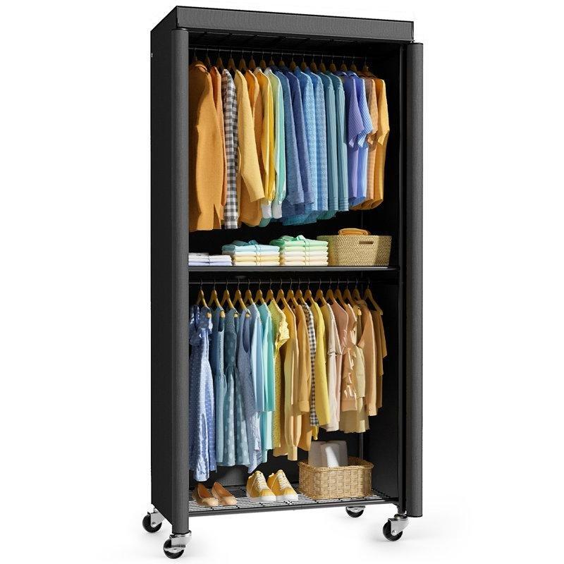 Siyah Metal Tekerlekli Raflı Kancalı Bez Dolap - 85x33x203 cm - 182920