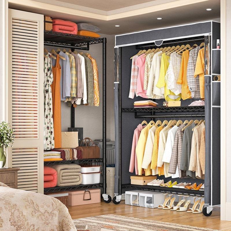 Siyah Metal Tekerlekli ve Ayarlanabilir Raflı Fermuarlı Bez Dolap - 115x45x206 cm - 182997