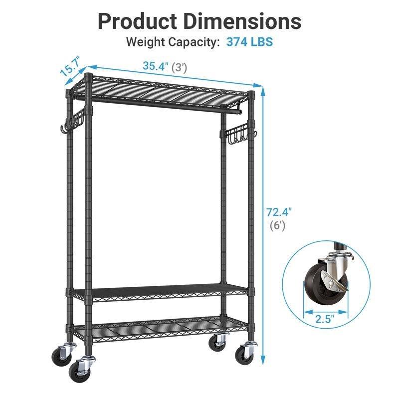 Siyah Metal Tekerlekli ve Ayarlanabilir Raflı Yüksek Kapasiteli Ayaklı Askılık - 90 cm - 165643