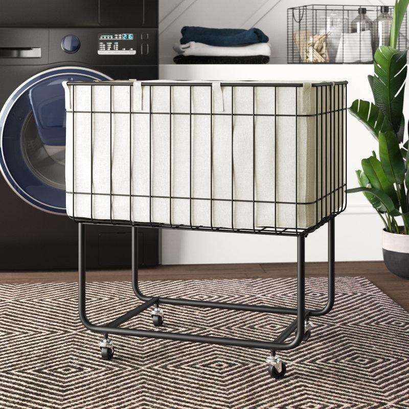 Siyah Metal Tekerlekli ve Kumaş Astarlı Çamaşır Sepeti - 67x61x41 cm - 187755