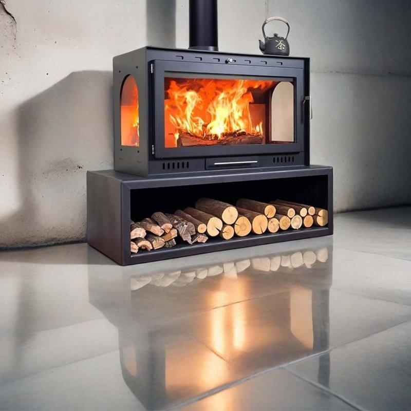 Siyah Metal Üç Camlı Ayaklı Odunlu Şömine Soba - 93x93x46 cm - 188788