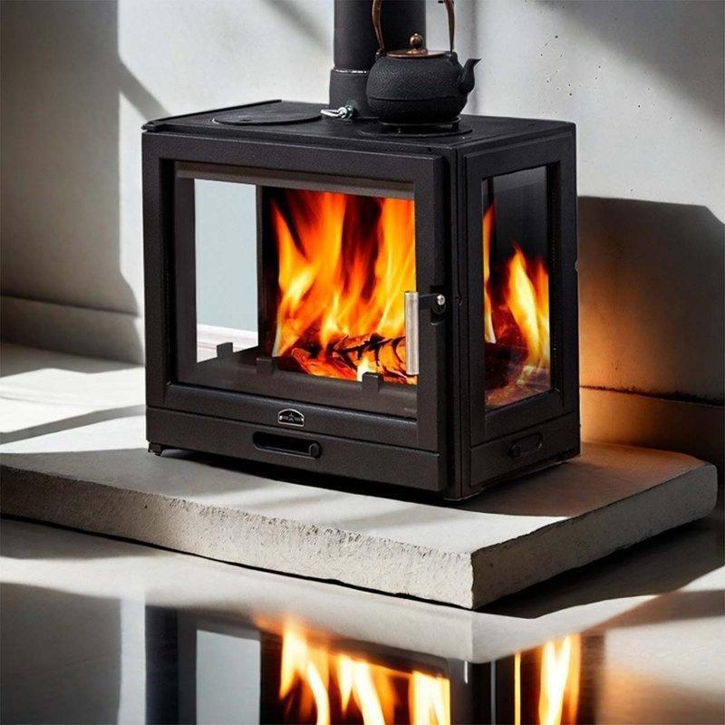 Siyah Metal Üç Tarafı Camlı Pişirme Özellikli Ayaklı Şömine Soba - 60x41 cm - 189038