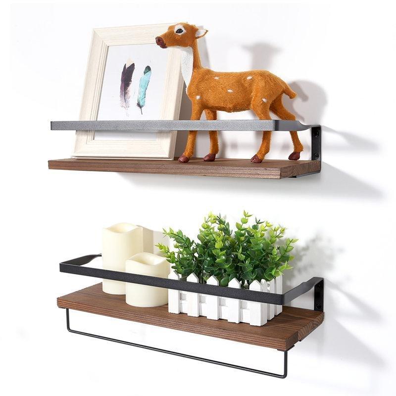 Siyah Metal ve Açık Kahverengi Ahşap Havlu Askılı 2li Set Duvar Rafı - 42 cm - 179640