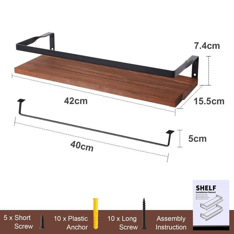 Siyah Metal ve Açık Kahverengi Ahşap Havlu Askılı 2li Set Duvar Rafı - 42 cm - 179640