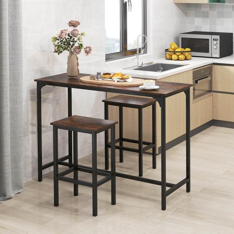 Siyah Metal ve Ahşap 2 Tabureli Dikdörtgen Bar Masası Seti - 121 cm - 231552