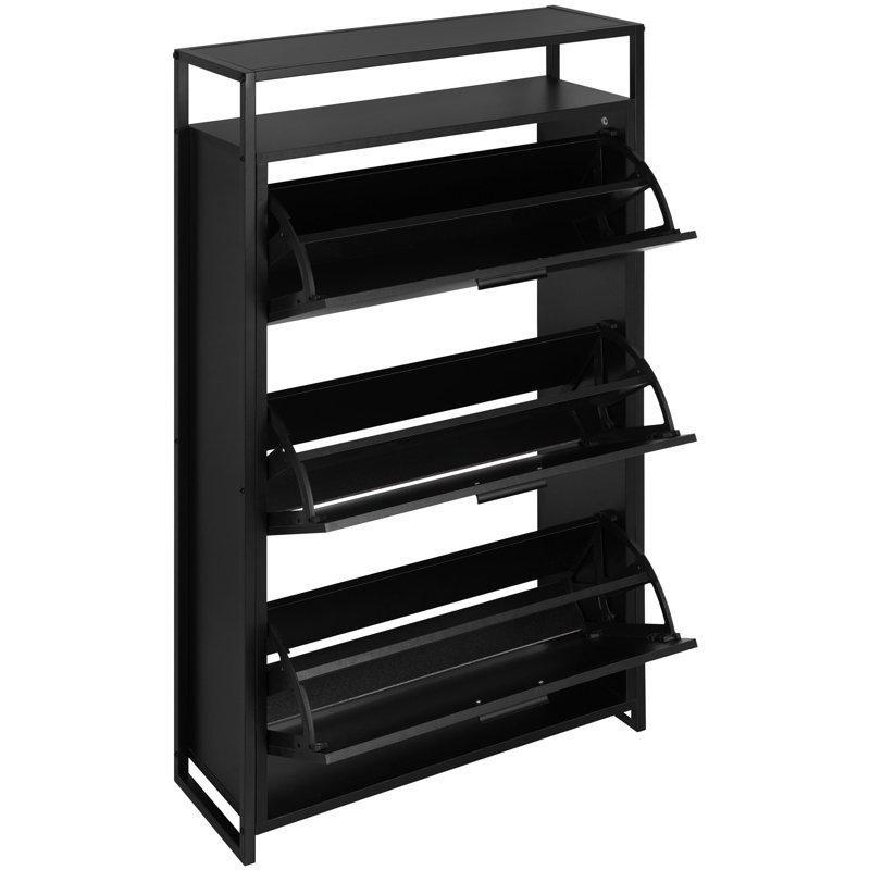 Siyah Metal ve Ahşap 3 Düşer Kapaklı Açık Raflı Ayakkabılık - 64x119 cm - 227966