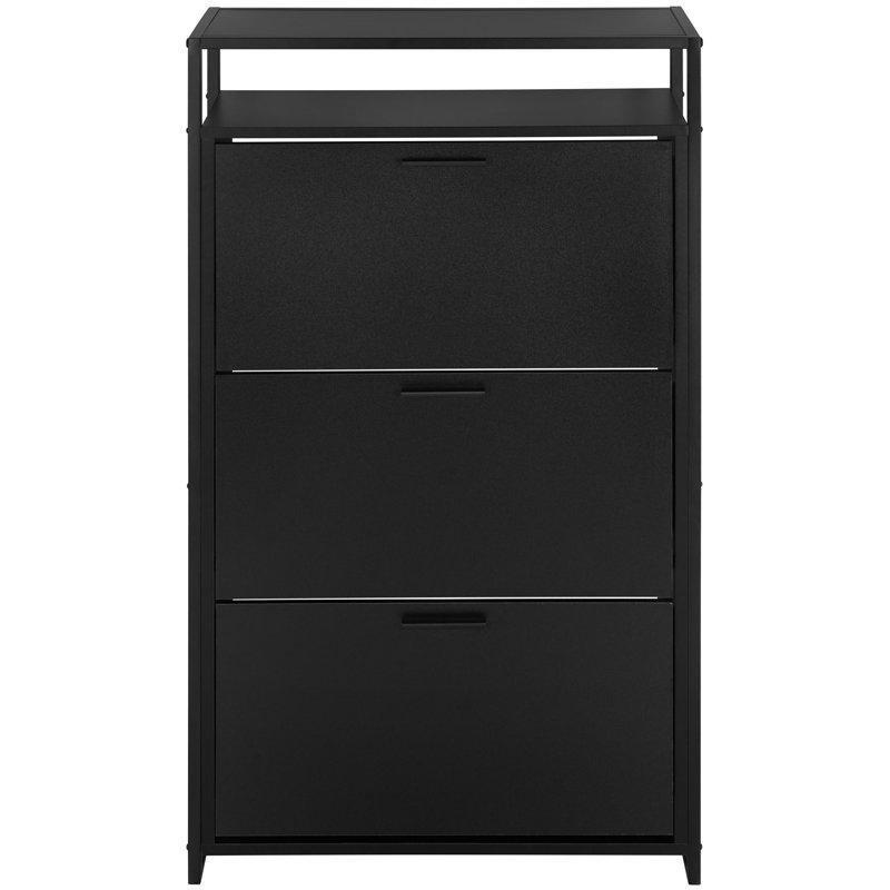 Siyah Metal ve Ahşap 3 Düşer Kapaklı Açık Raflı Ayakkabılık - 64x119 cm - 227966