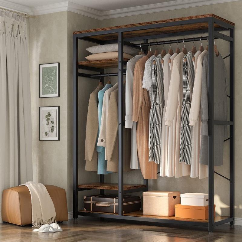 Siyah Metal ve Ahşap 4 Raflı 3 Askı Çubuklu Endüstriyel Ayaklı Askılık - 121x41x181 cm - 165550