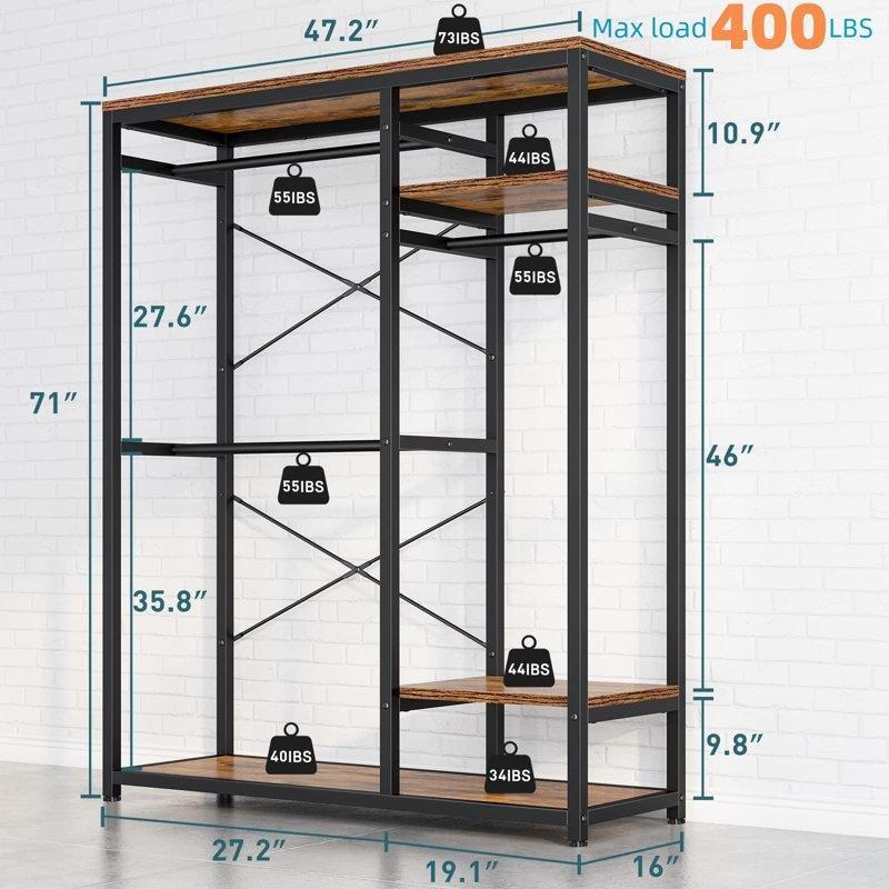 Siyah Metal ve Ahşap 4 Raflı 3 Askı Çubuklu Endüstriyel Ayaklı Askılık - 121x41x181 cm - 165550