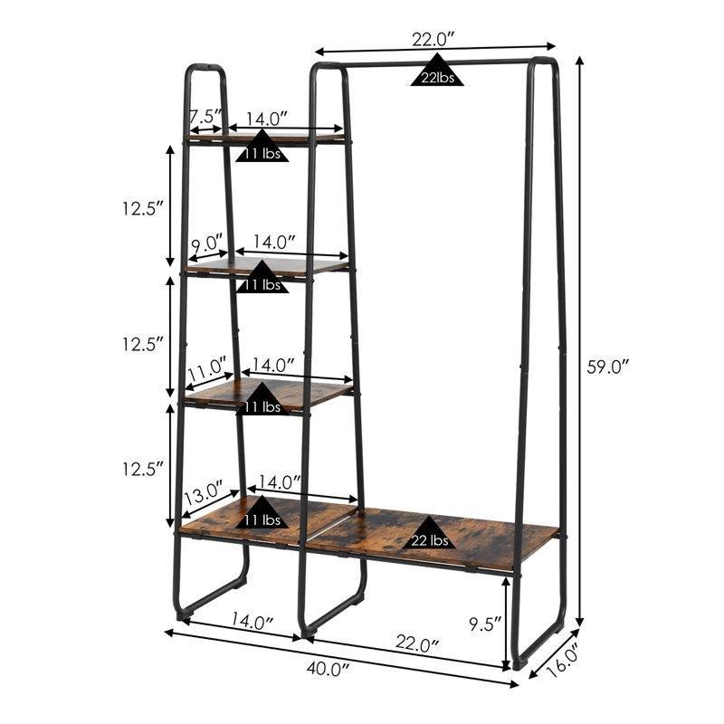 Siyah Metal ve Ahşap 5 Raflı Askı Borulu Ayaklı Askılık - 102 cm - 165475