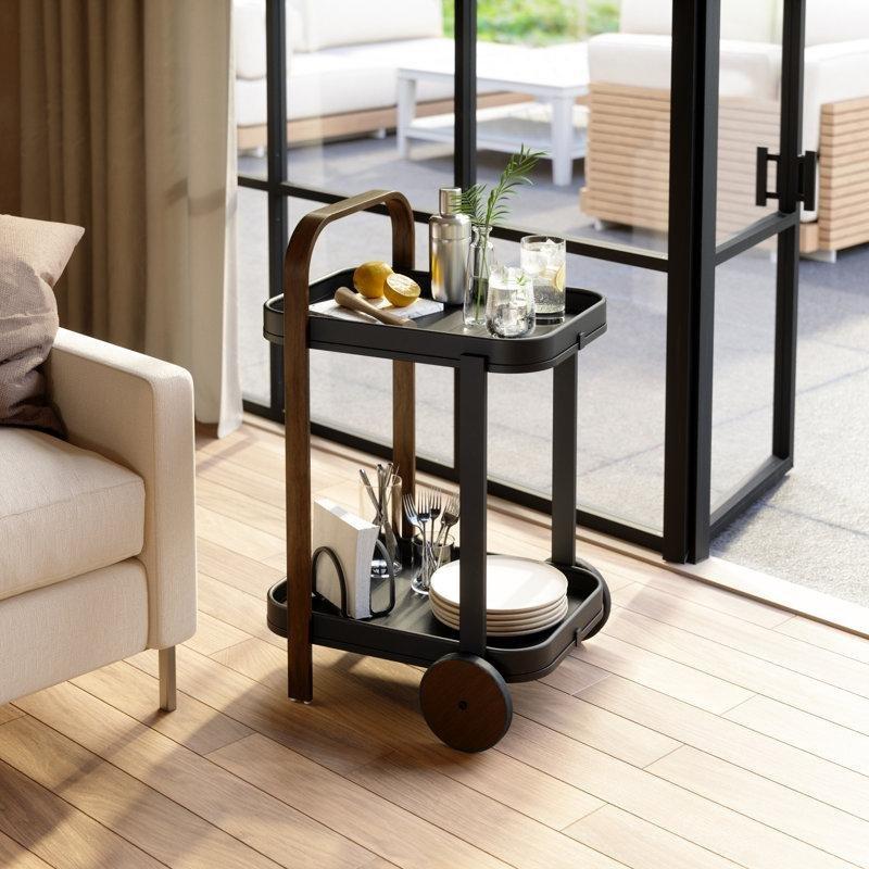 Siyah Metal ve Ahşap İki Katlı Tekerlekli Servis Arabası - 53x44x80 cm - 178132