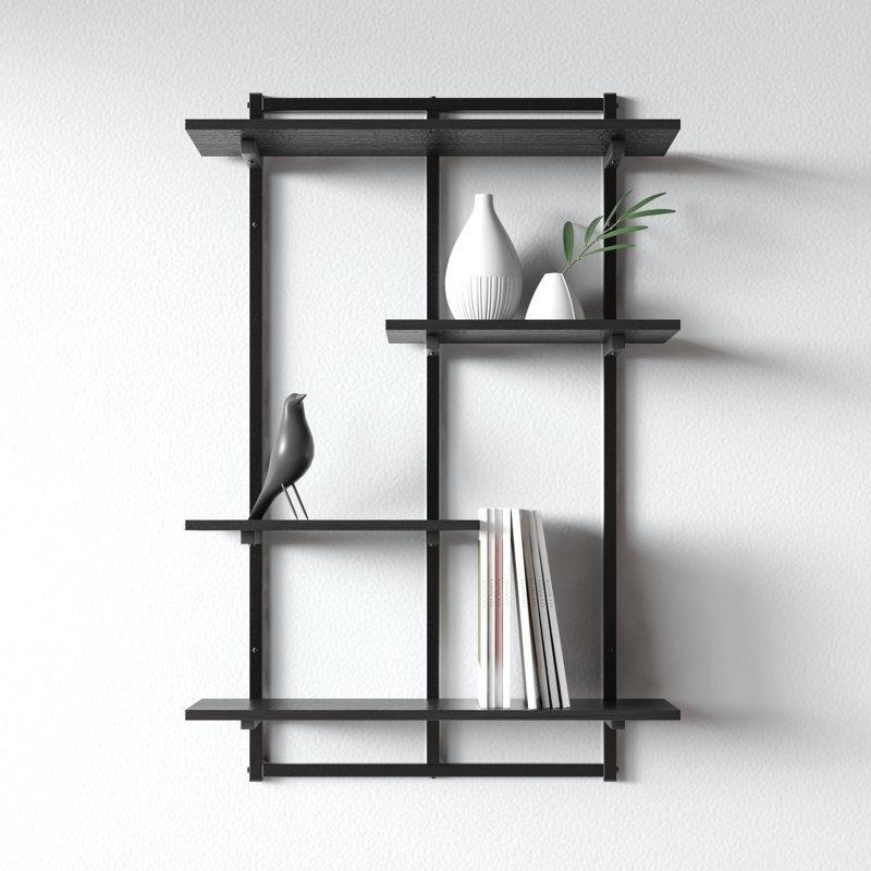 Siyah Metal ve Ahşap Pencere Tasarımlı 4 Raflı Duvar Rafı - 88x60 cm - 180532