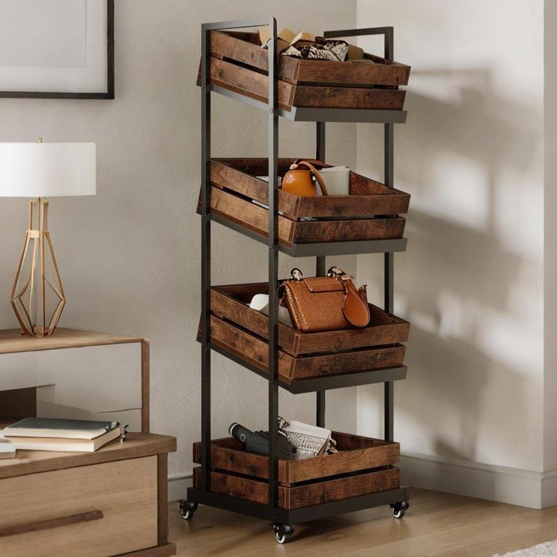 Siyah Metal ve Ahşap Tekerlekli 4 Katlı Raflı Sebzelik - 151x51x45 cm - 177850