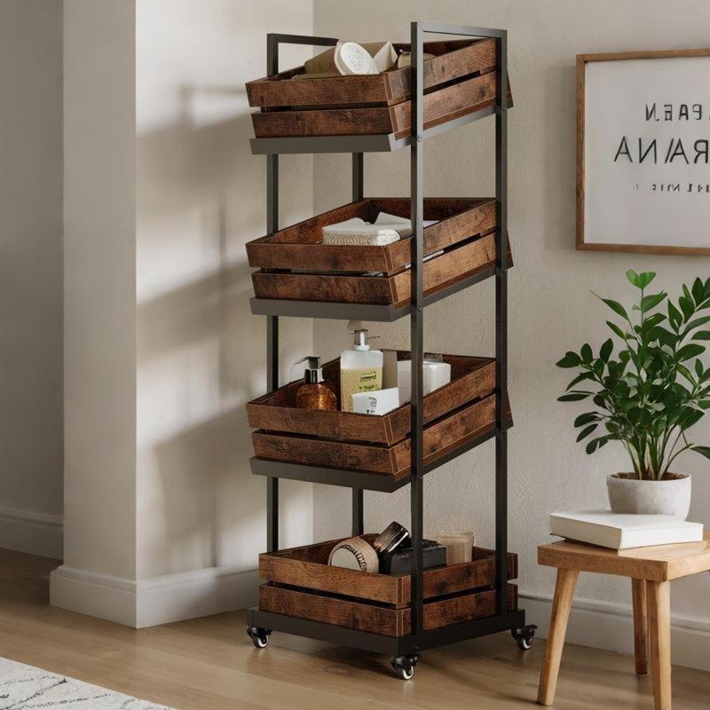 Siyah Metal ve Ahşap Tekerlekli 4 Katlı Raflı Sebzelik - 151x51x45 cm - 177850
