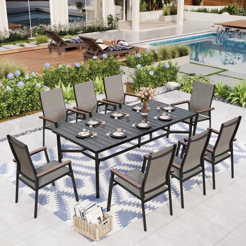 Siyah Metal ve Alüminyum 8 Kişilik Dikdörtgen Şemsiye Delikli Bahçe Masa Takımı - 210x100 cm - 214789