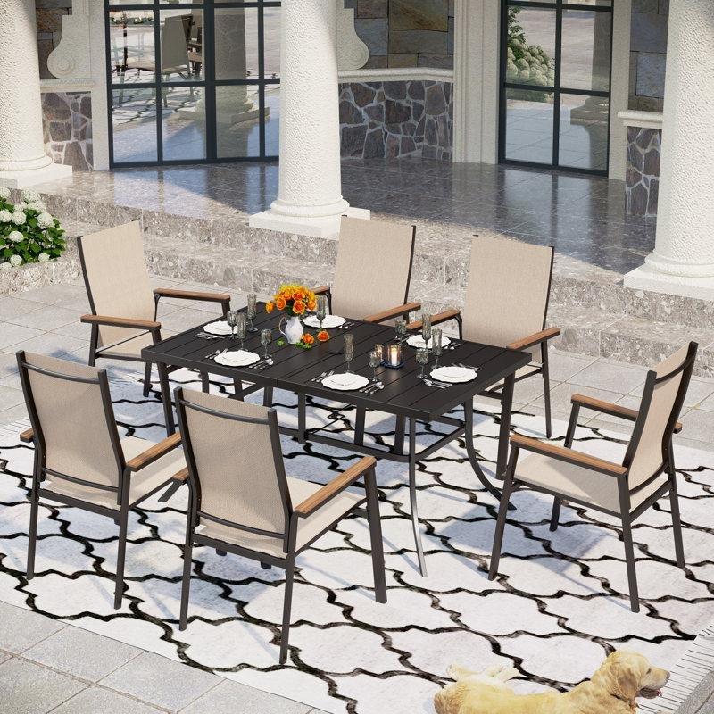 Siyah Metal ve Alüminyum Şemsiye Delikli İstiflenebilir 6 Kişilik Bahçe Masa Takımı - 153x89 cm - 214172