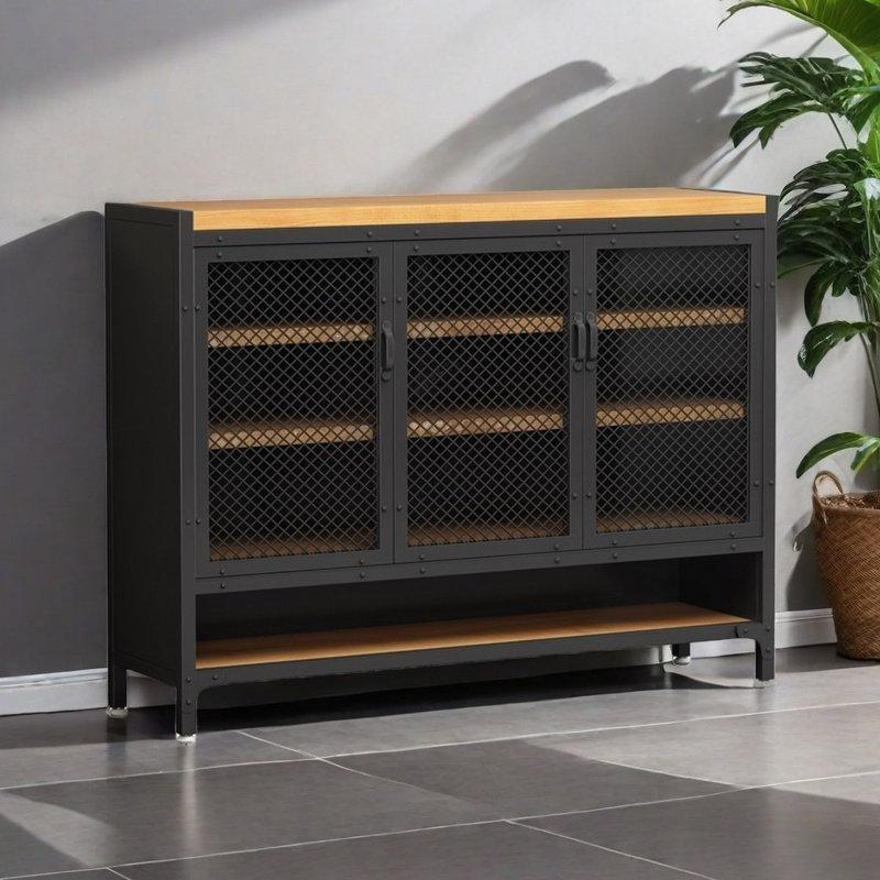 Siyah Metal ve Çam Ağacı Endüstriyel Tasarım Kapaklı Ayakkabılık - 120x33x99 cm - 230323