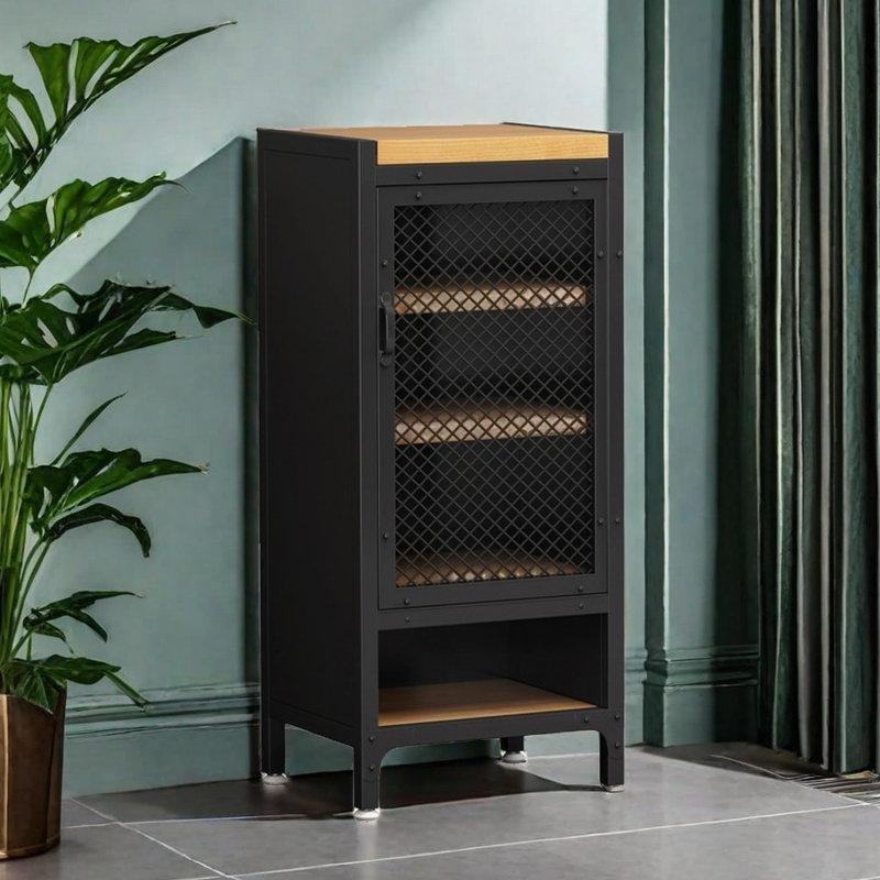 Siyah Metal ve Çam Ağacı Endüstriyel Tasarım Kapaklı Ayakkabılık - 99x40x33 cm - 230359