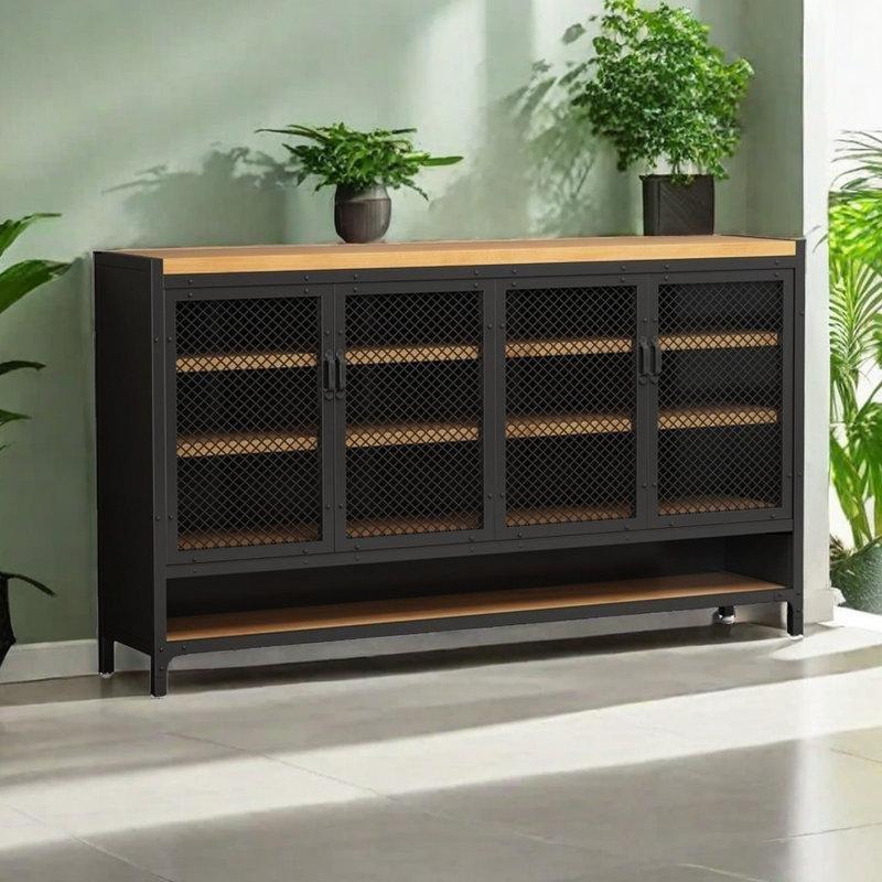 Siyah Metal ve Çam Ahşap Endüstriyel Tasarım 40 Çift Kapasiteli Ayakkabılık - 200x33x98 cm - 230400