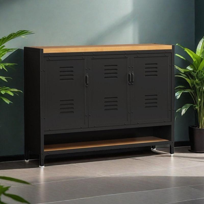 Siyah Metal ve Çam Ahşap Endüstriyel Tasarım Kapaklı Ayakkabılık 24 Çift Kapasiteli - 120x33x99 cm - 230370