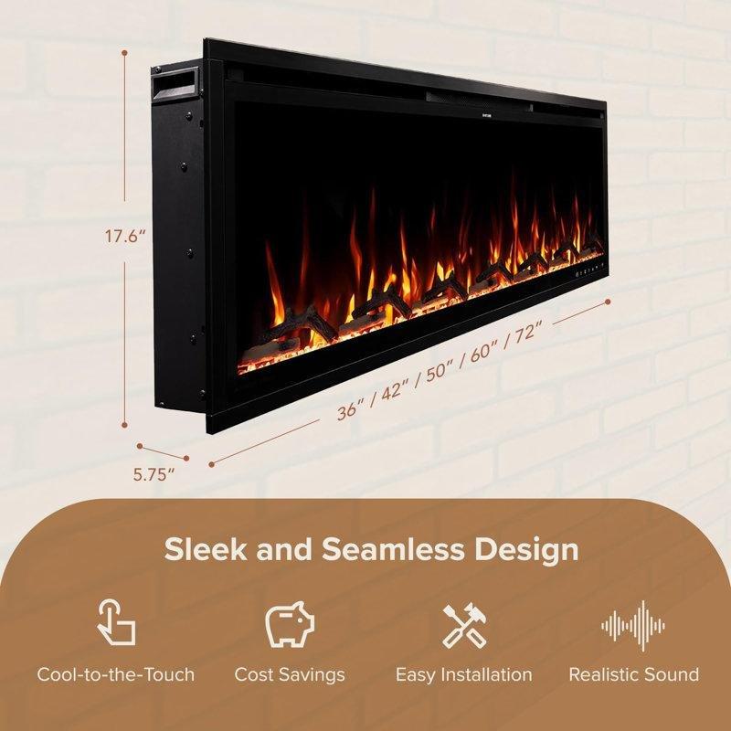 Siyah Metal ve Cam Akıllı Wi-Fi Uzaktan Kumandalı Gömme ve Duvara Monte Elektrikli Şömine - 152 cm - 184816