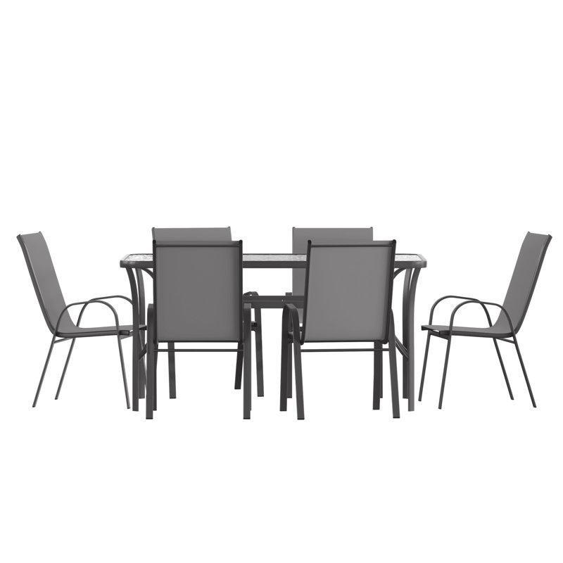 Siyah Metal ve Cam İstiflenebilir Sandalyeli Şemsiye Delikli 6 Kişilik Bahçe Masa Takımı - 217197