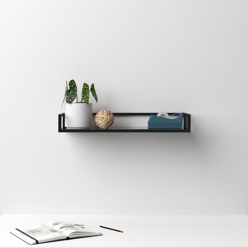 Siyah Metal ve Cam Tek Raflı Dikdörtgen Duvar Rafı - 61x21 cm - 180497