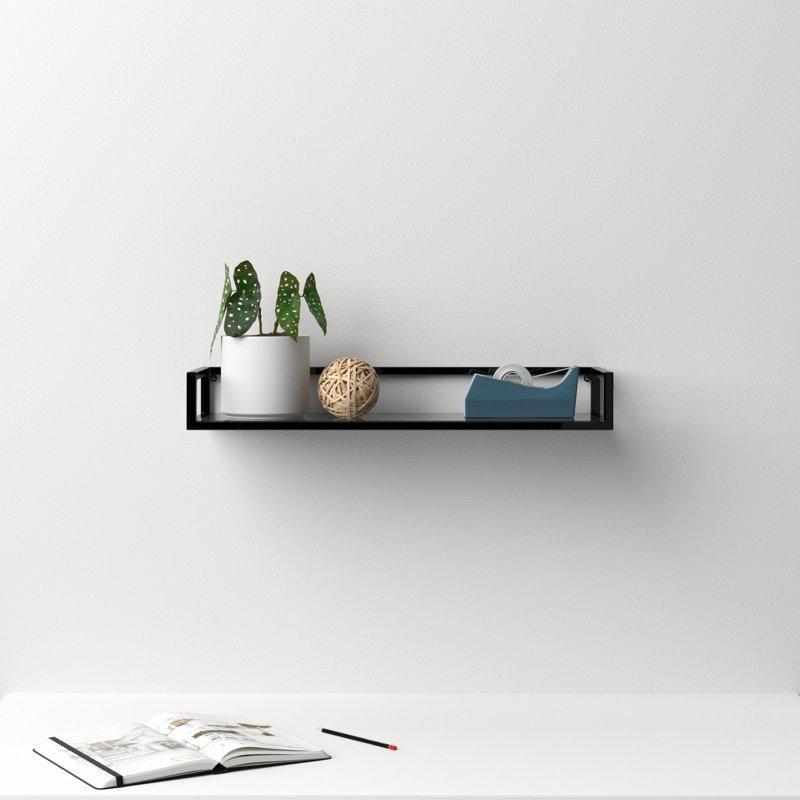 Siyah Metal ve Cam Tek Raflı Dikdörtgen Duvar Rafı - 61x21 cm - 180497