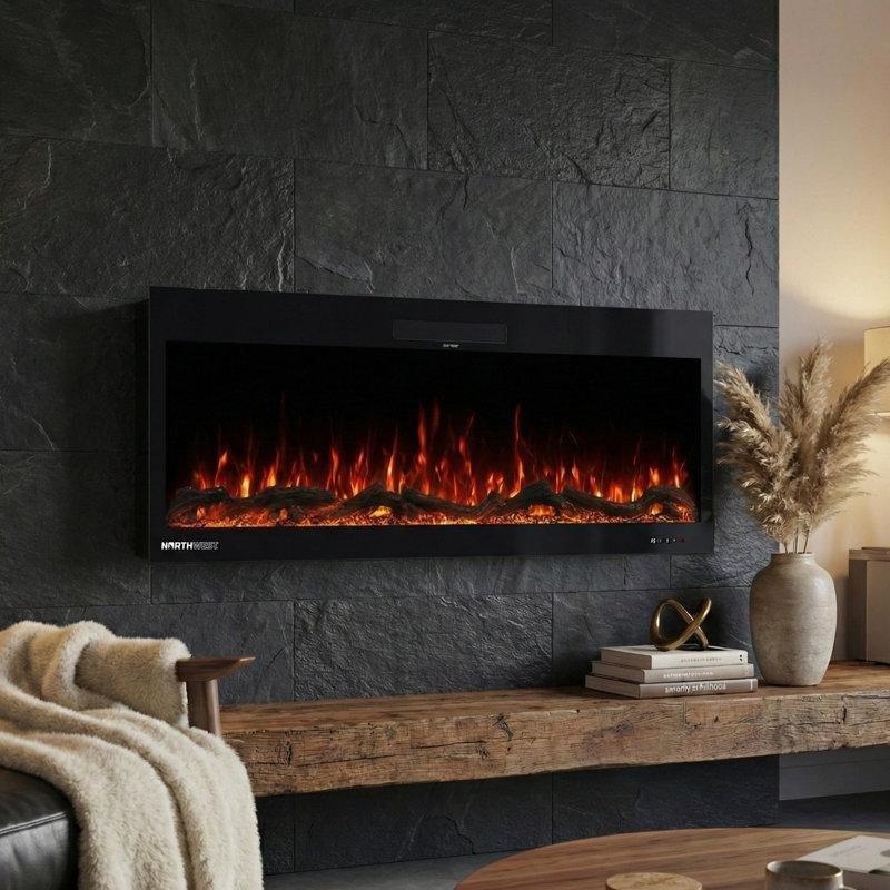 Siyah Metal ve Cam Uzaktan Kumandalı Çok Renkli LED Alevli Duvara Monte Elektrikli Şömine - 107 cm - 184600