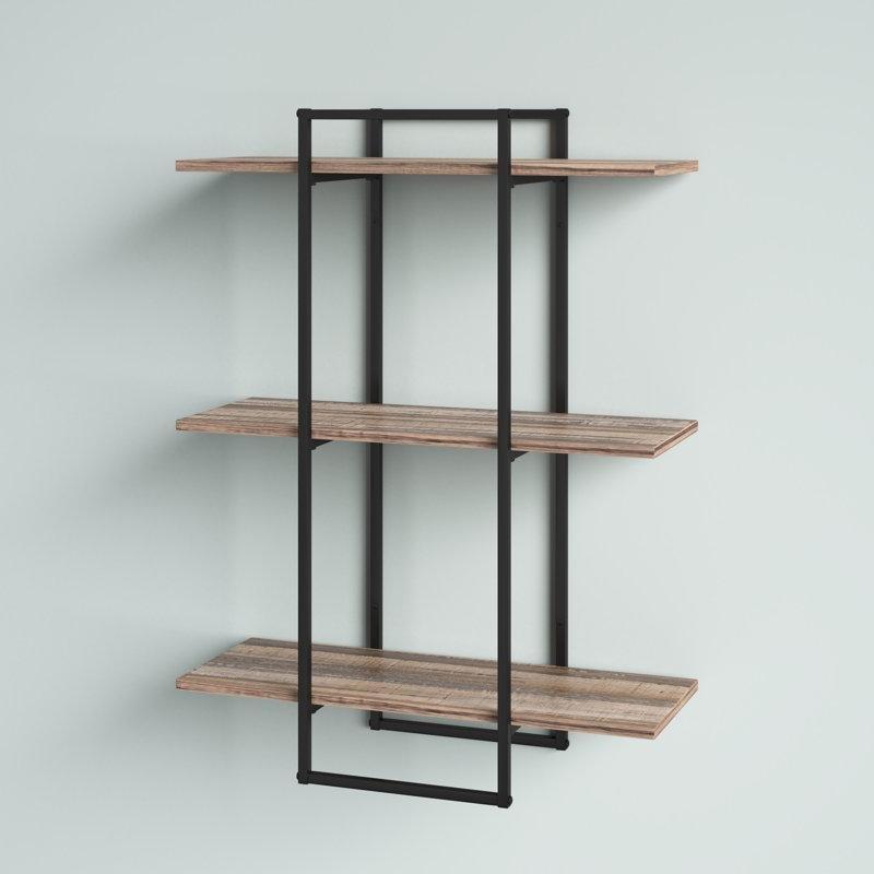 Siyah Metal ve Eskitme Ahşap 3 Katlı Duvar Rafı - 60 cm - 180242