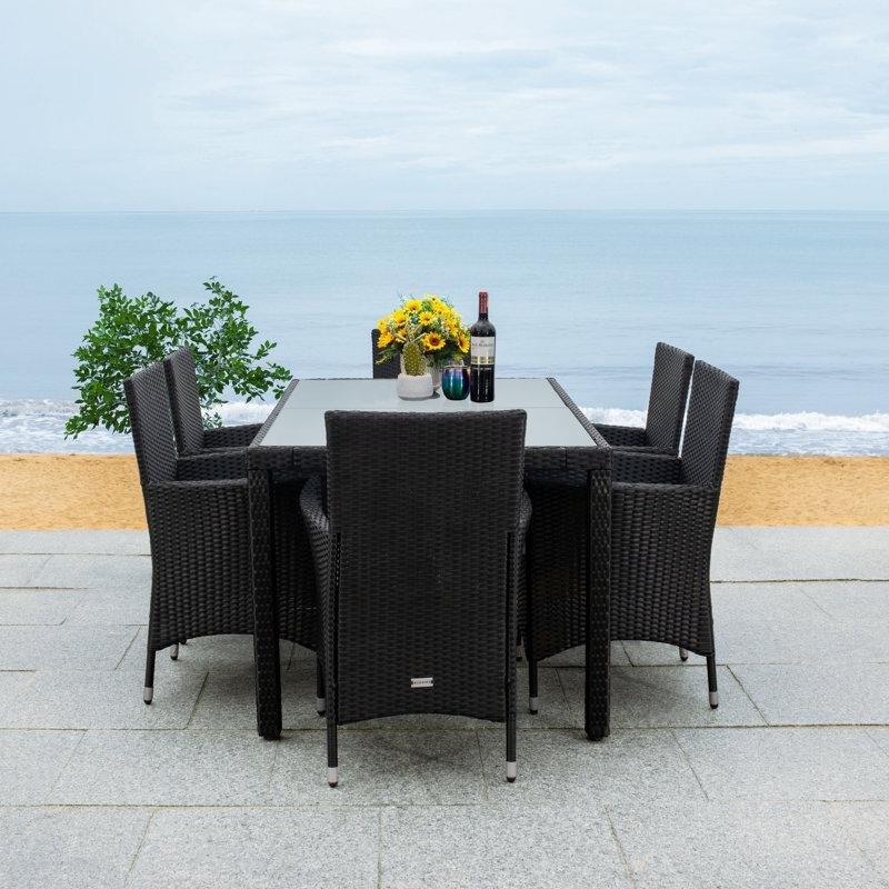 Siyah Metal ve Hasır Örgü Cam Tablalı Minderli 6 Kişilik Bahçe Masa Takımı - 151x90 cm - 215534