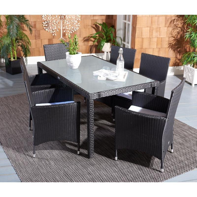 Siyah Metal ve Hasır Örgü Cam Tablalı Minderli 6 Kişilik Bahçe Masa Takımı - 151x90 cm - 215534