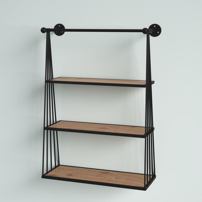 Siyah Metal ve Kahverengi Ahşap 3 Raflı Salıncak Tasarımlı Endüstriyel Duvar Rafı - 77x60 cm - 180144