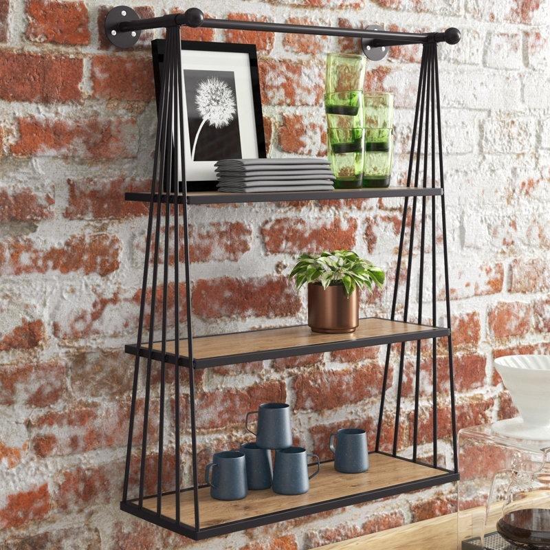 Siyah Metal ve Kahverengi Ahşap 3 Raflı Salıncak Tasarımlı Endüstriyel Duvar Rafı - 77x60 cm - 180144