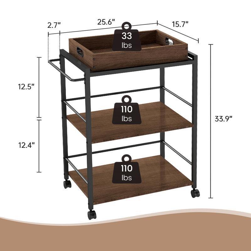Siyah Metal ve Kahverengi Masif Ahşap Çıkarılabilir Tepsili Tekerlekli 3 Raflı Servis Arabası - 66x40x87 cm - 178162