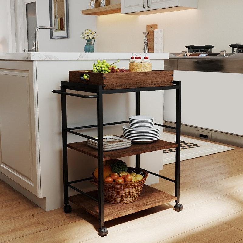 Siyah Metal ve Kahverengi Masif Ahşap Çıkarılabilir Tepsili Tekerlekli 3 Raflı Servis Arabası - 66x40x87 cm - 178162