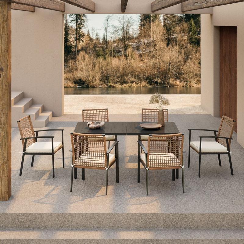 Siyah Metal ve Kahverengi Polietilen Rattan Minderli Şemsiye Delikli 6 Kişilik Bahçe Masa Takımı - 161x93 cm - 216447