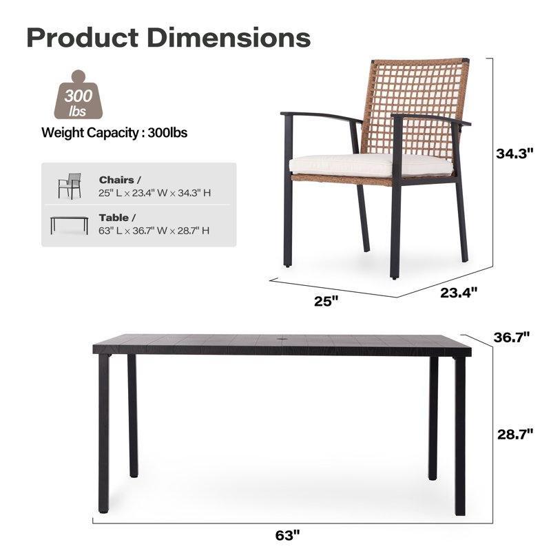 Siyah Metal ve Kahverengi Polietilen Rattan Minderli Şemsiye Delikli 6 Kişilik Bahçe Masa Takımı - 161x93 cm - 216447
